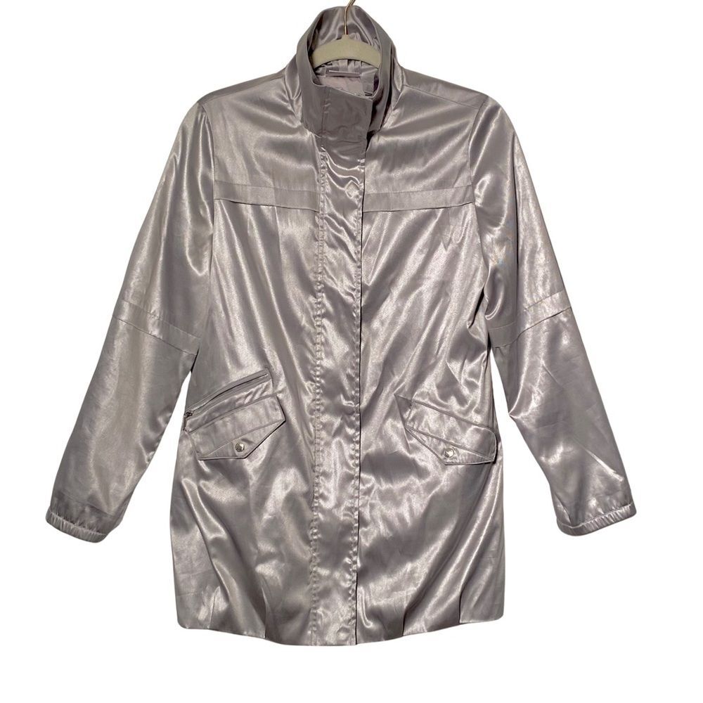 Chico's Zenergy Silver Metallic Windbreaker Jacket Lightweight Size 0 Small‎